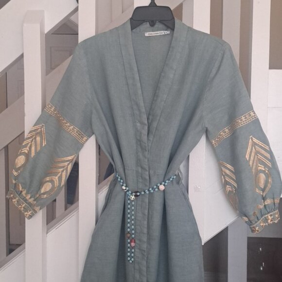 Greek Arcaic Kori Seafoam Color Linen Dress Gold Embroidery szXS missing  sash - Picture 2 of 12